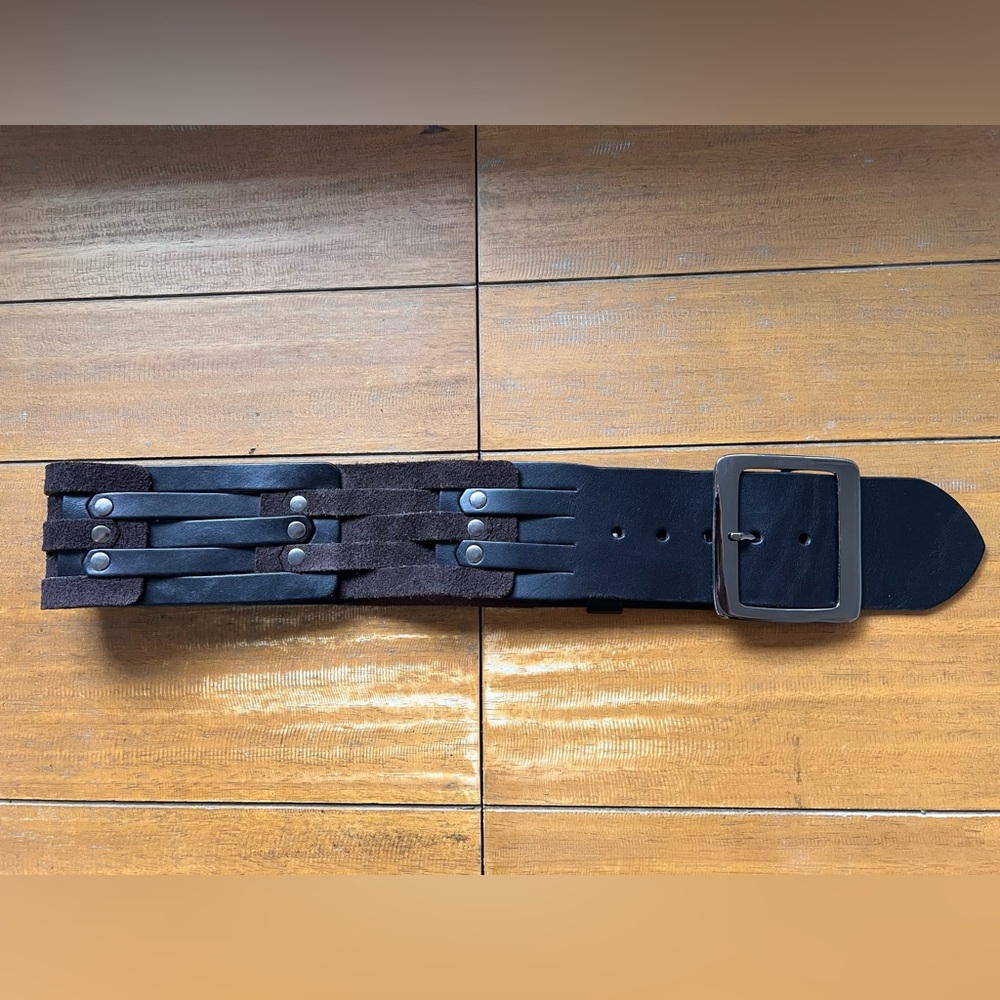 Etcetera Wide Belt Black Leather Brown Suede Woven Size M 30-34 Inch Length - Picture 3 of 11